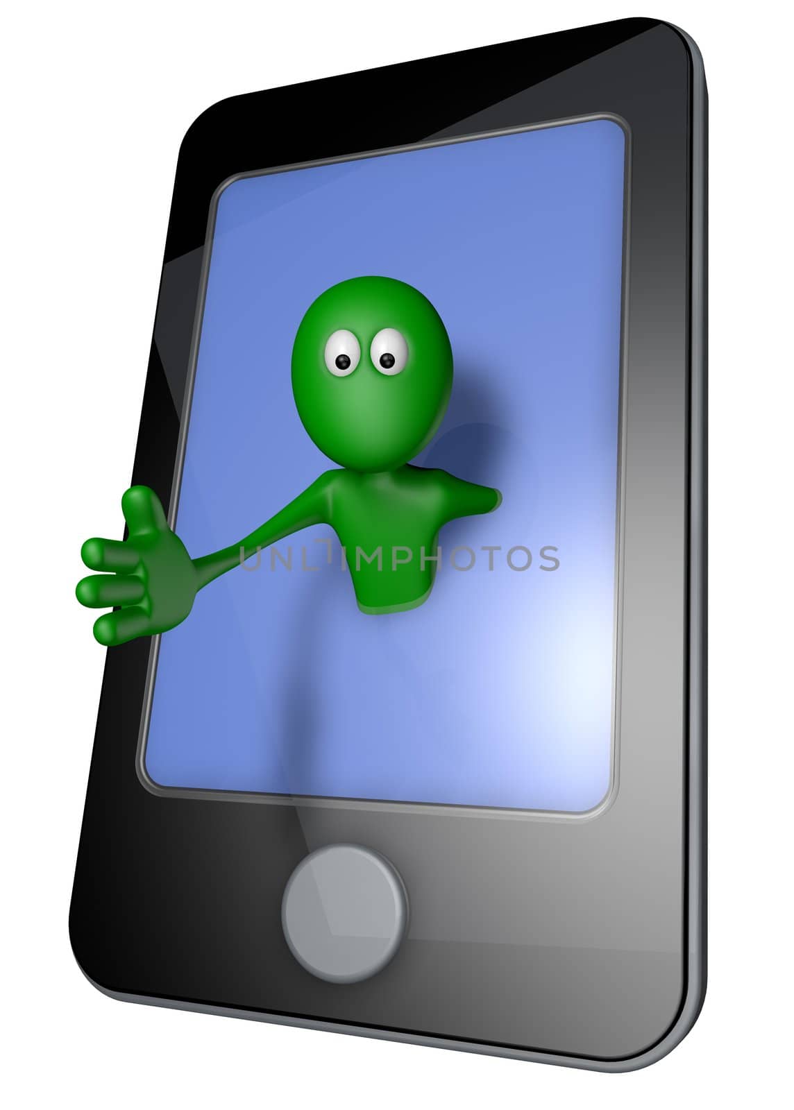 green guy and smartphone - 3d illustration
