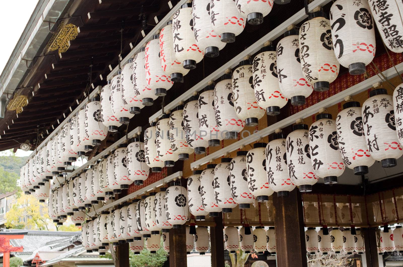 Rows of white japanese lanterns at a shrine in Kyoto, Japan