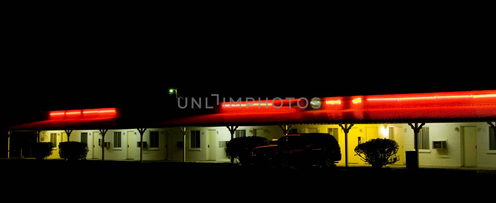 motel at night, Glendale, Nevada, USA