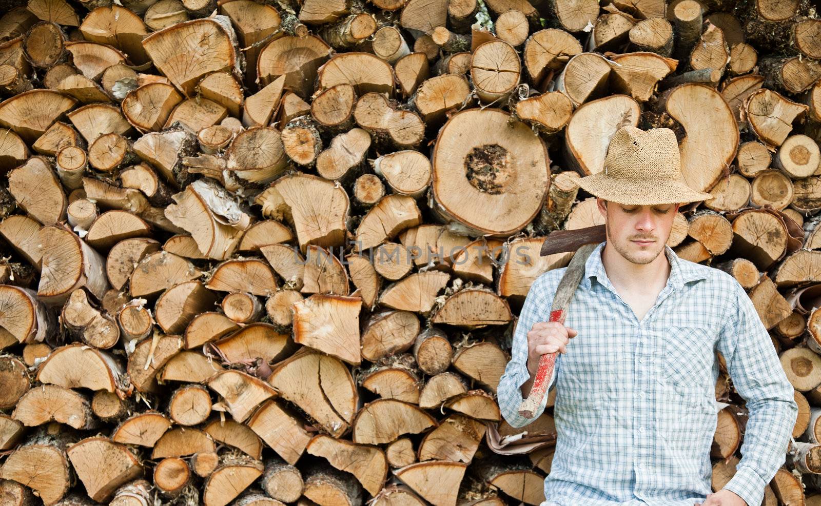 Woodcutter with straw hat on a background of wood by aetb