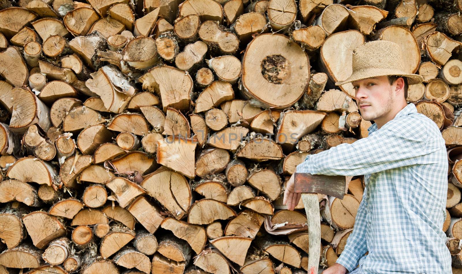 Woodcutter with straw hat on a background of wood by aetb