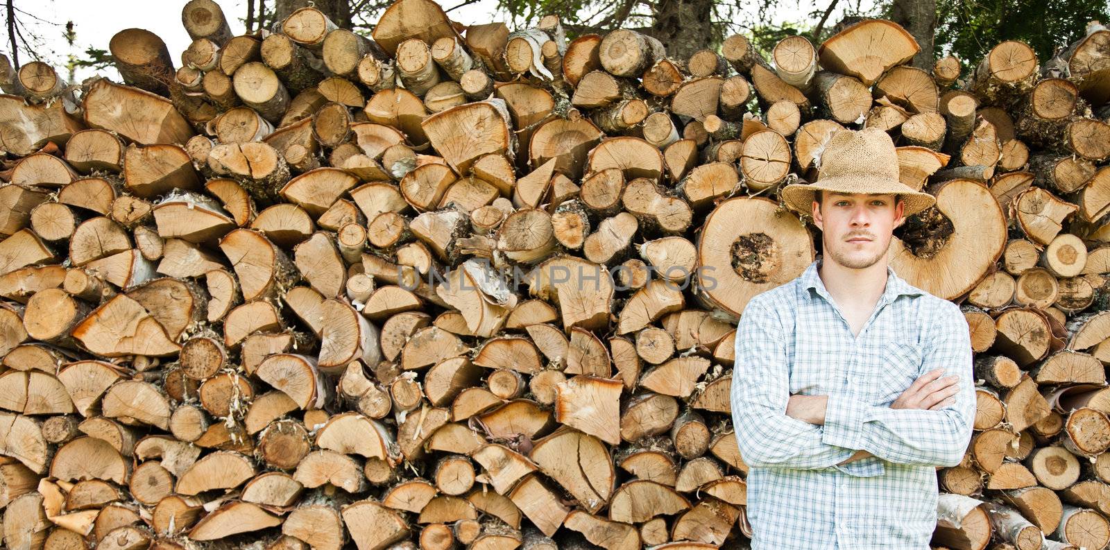 Woodcutter with straw hat on a background of wood by aetb