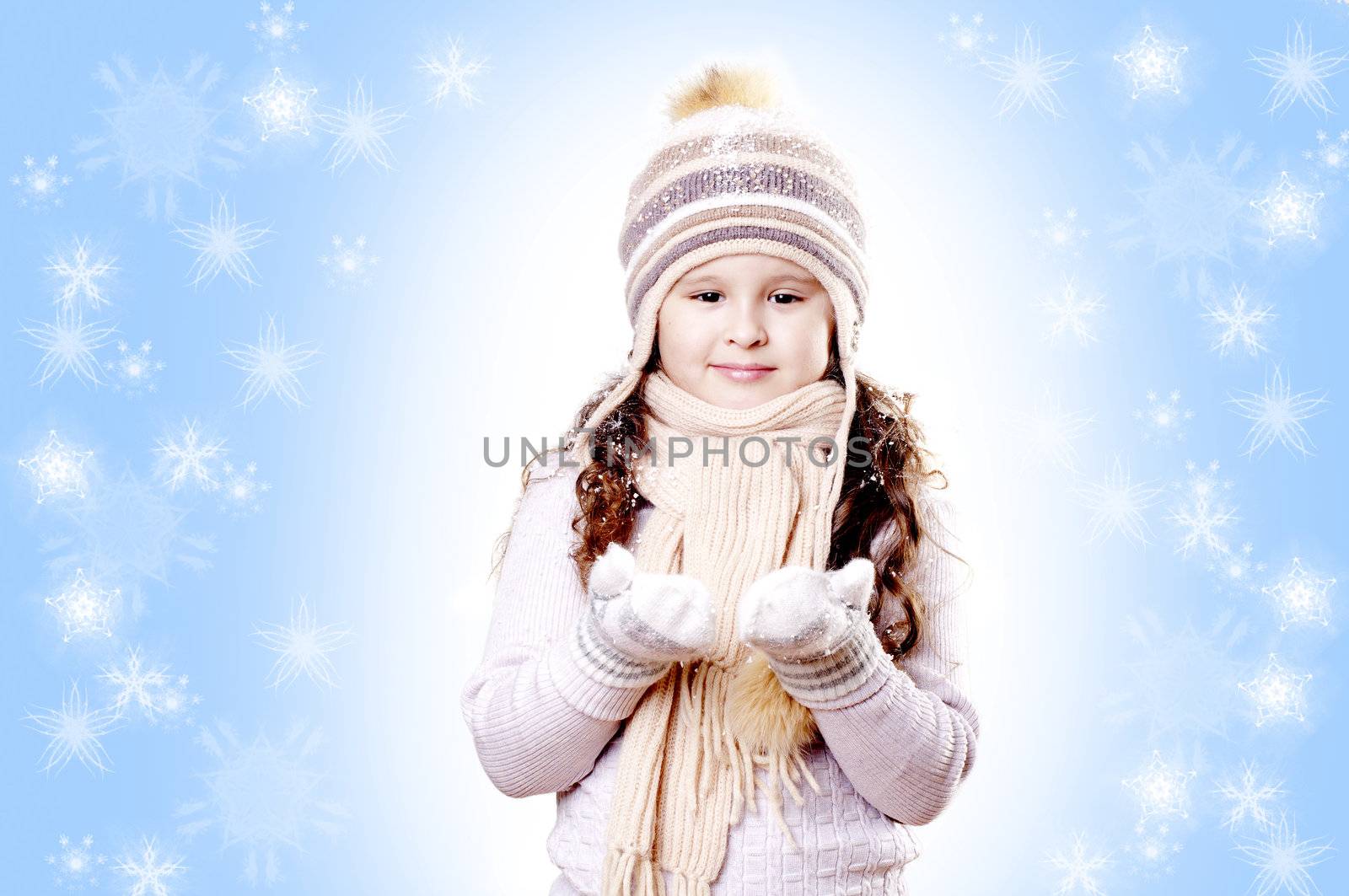 Winter Pleasant Girl snow flake blue  background