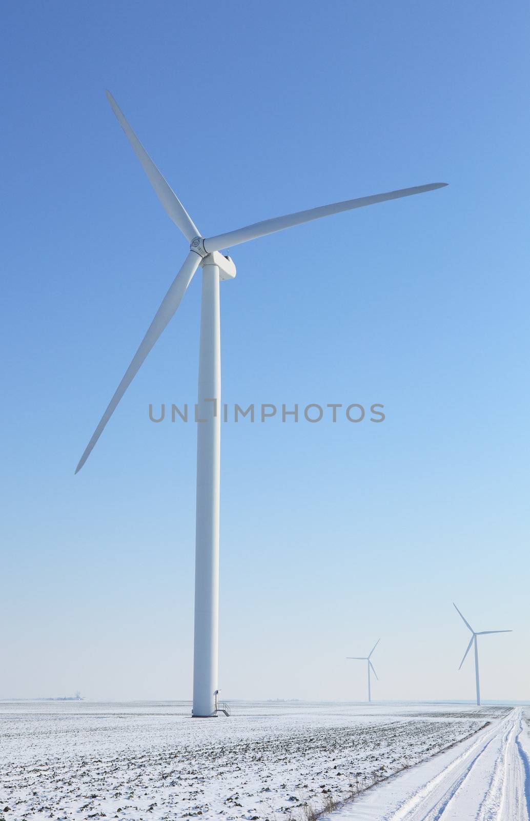 Image of a small road between  wind turbines in a plain covered by snow in winter.