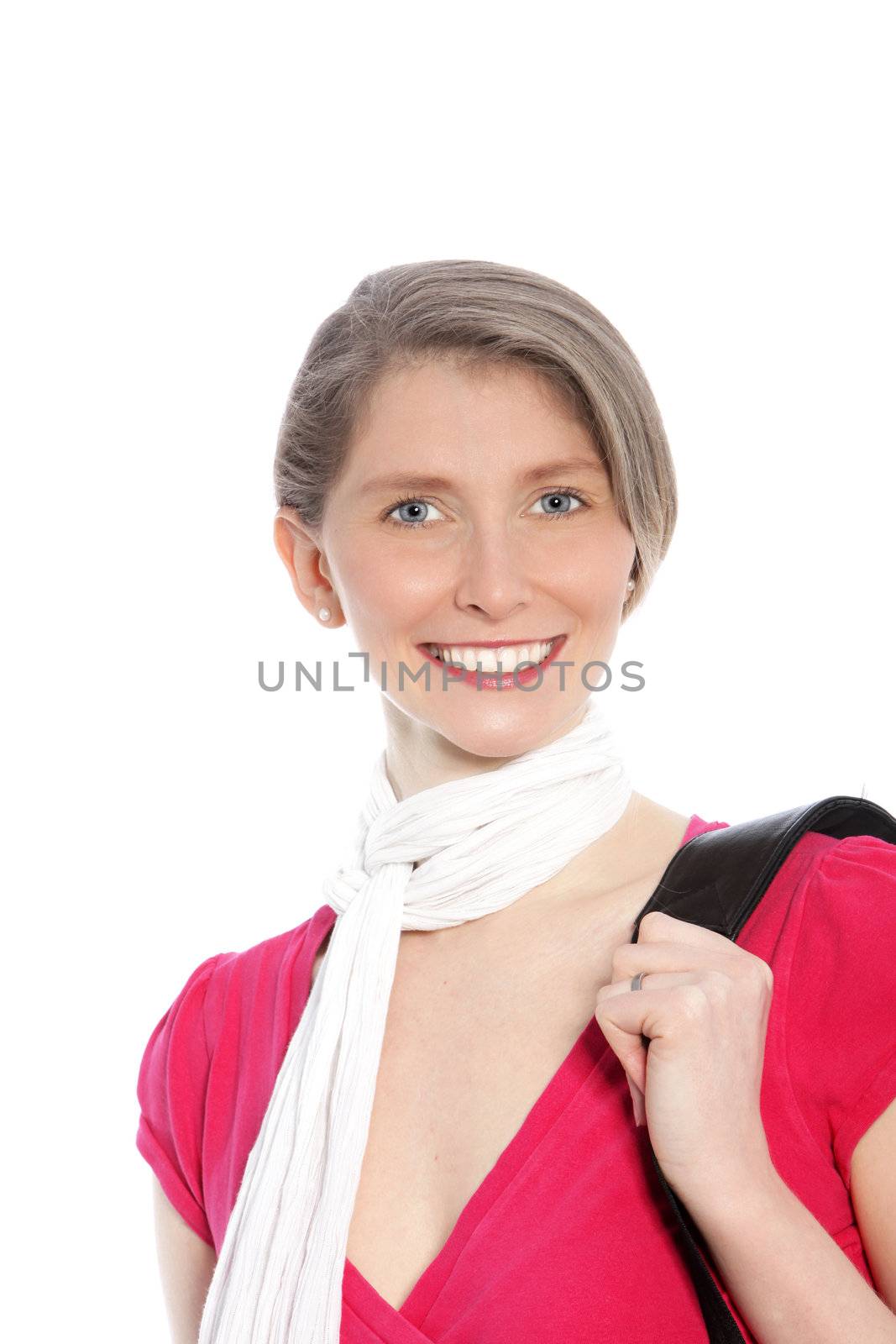 Elegant smiling slender woman wearing a red summer top and decorative scarf looking down at the camera with a wide smile isolated on white