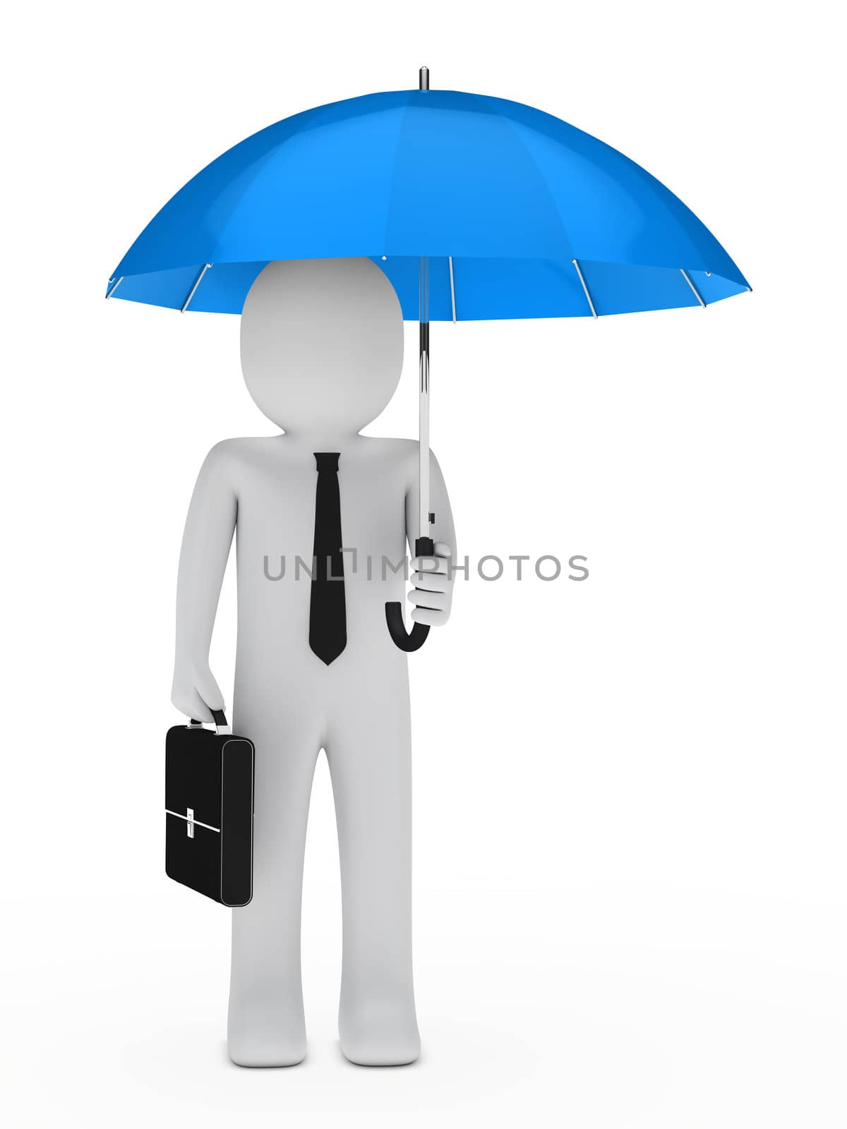 businessman with briefcase hold a blue umbrella