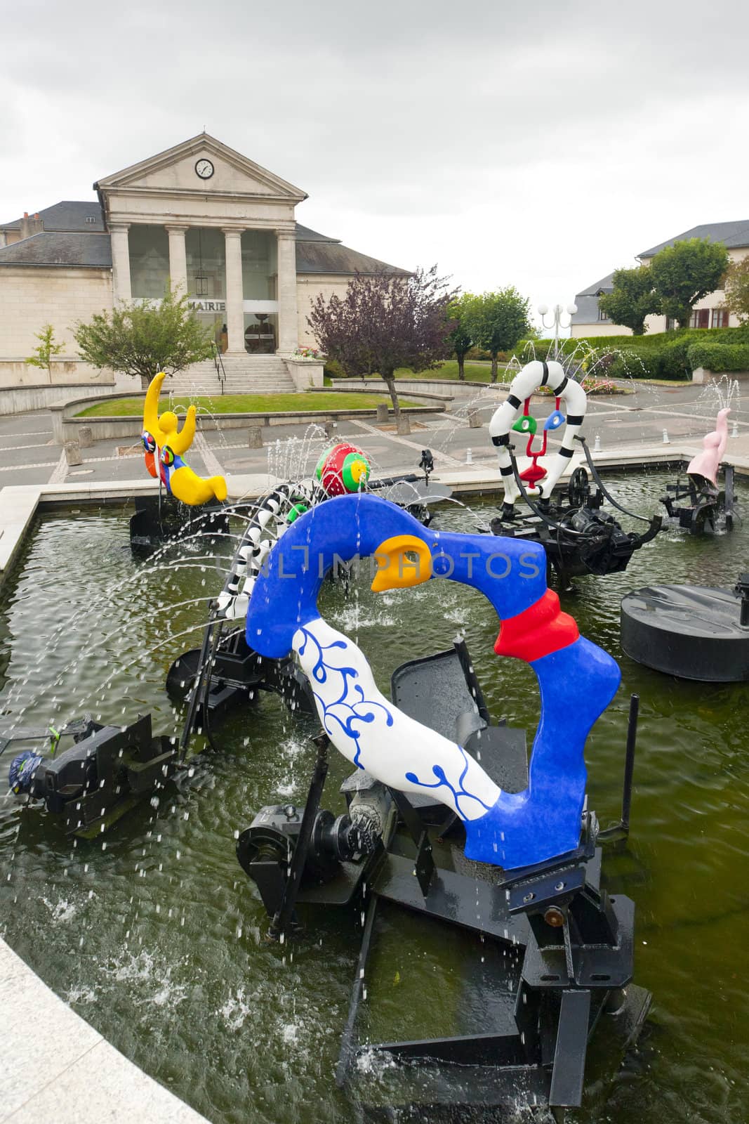 modern fountain in front of town hall, Chateau-Chinon, Burgundy, France