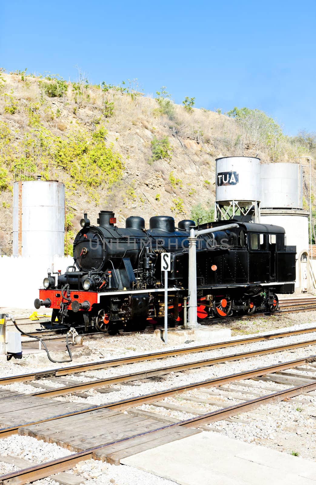 steam locomotive at railway station in Tua, Douro Valley, Portugal