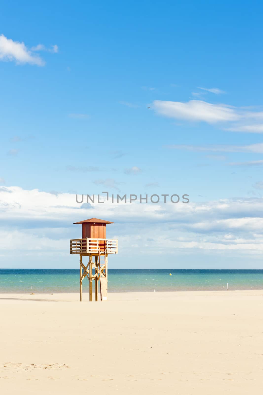 lifeguard cabin on the beach in Narbonne Plage, Languedoc-Roussillon, France