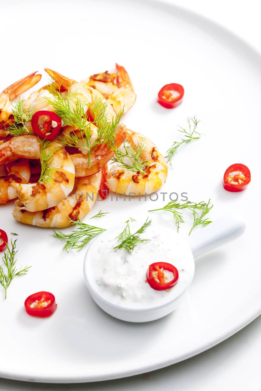 grilled prawns with dip of garlic, chilli and dill