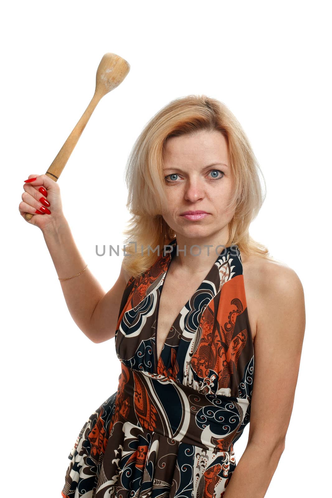 very angry housewife with rolling pin on a white background