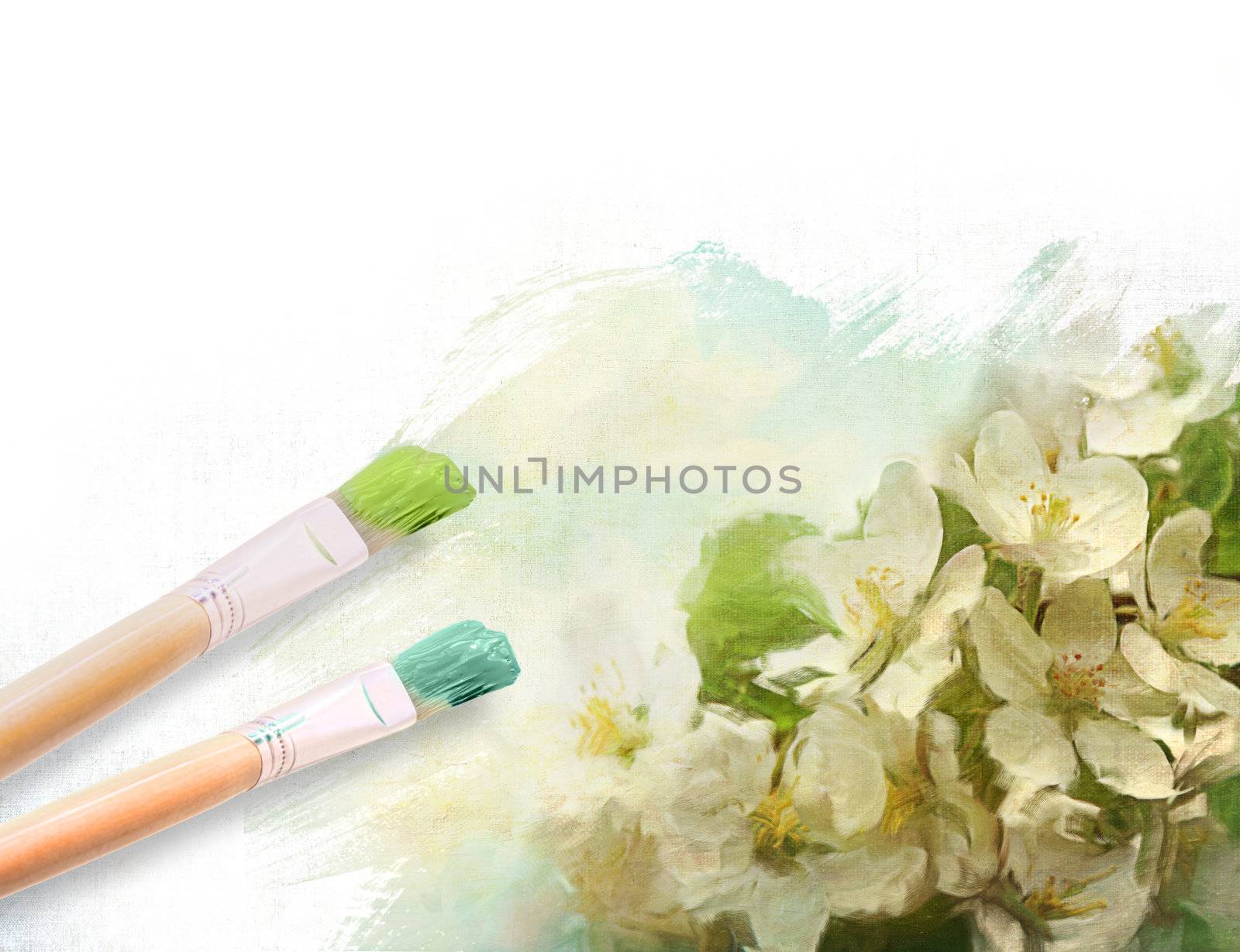 Artist brushes with a half finshed painted floral canvas  by Sandralise