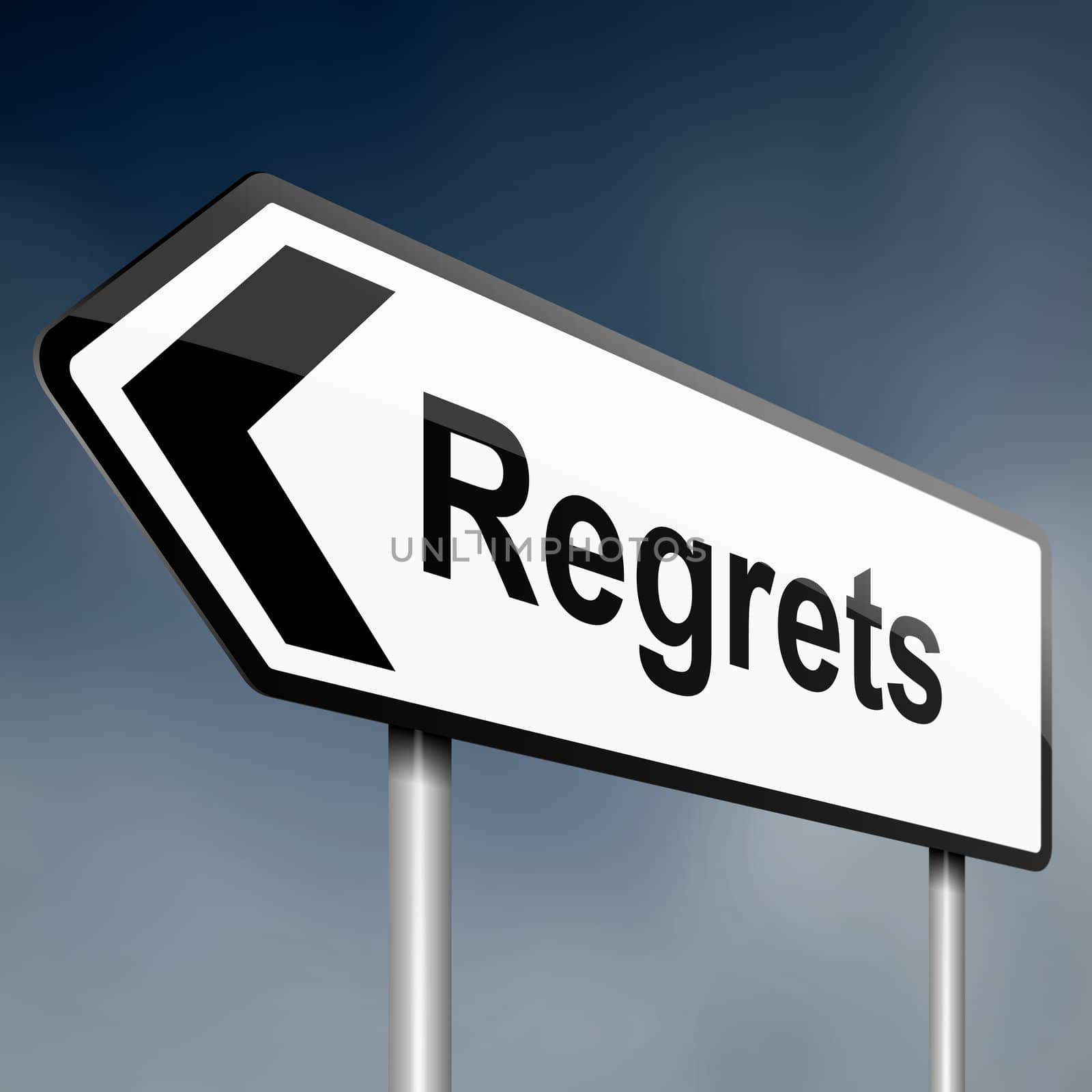 illustration depicting a sign post with directional arrow containing a regrets concept. Blurred background.