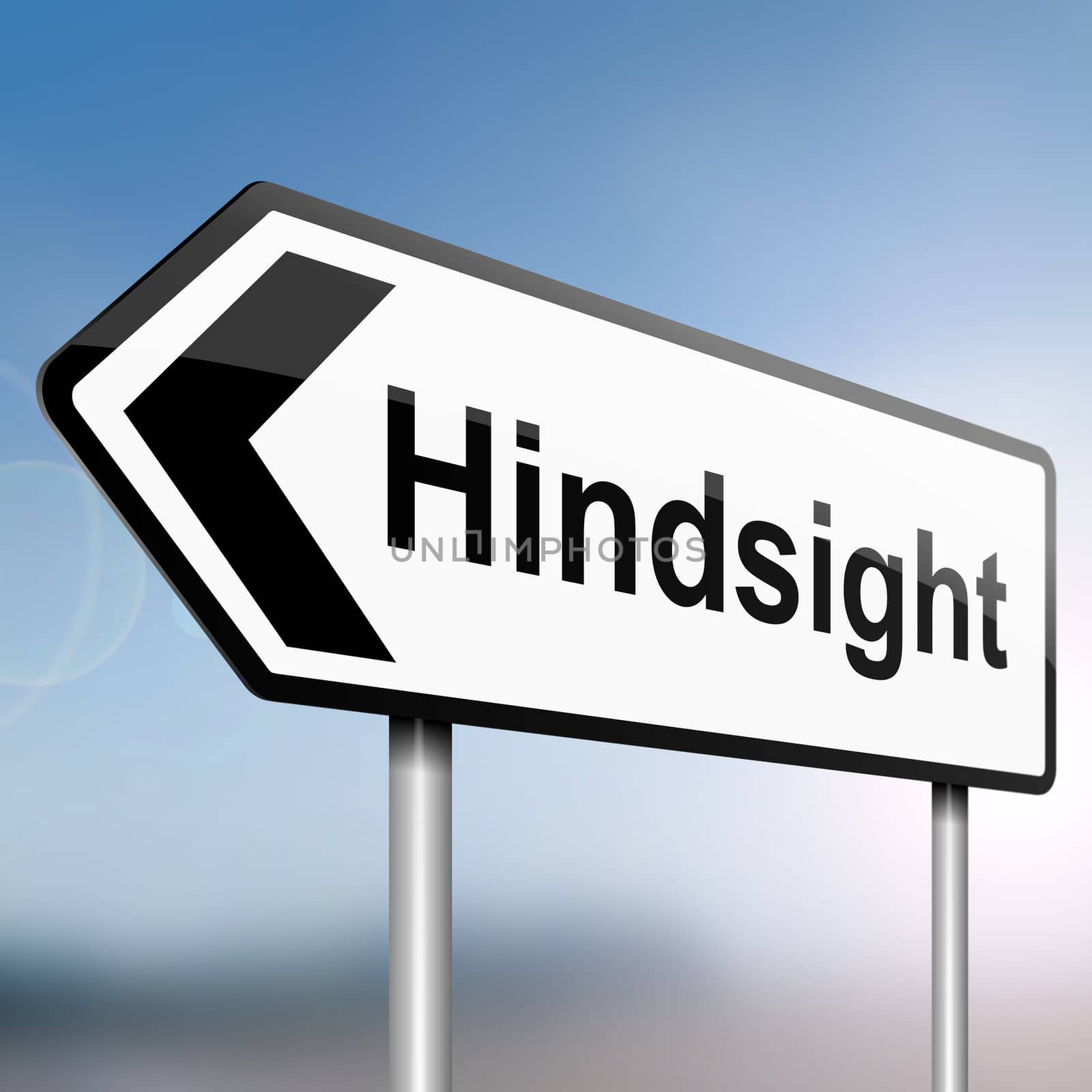 illustration depicting a sign post with directional arrow containing a hindsight concept. Blurred background.