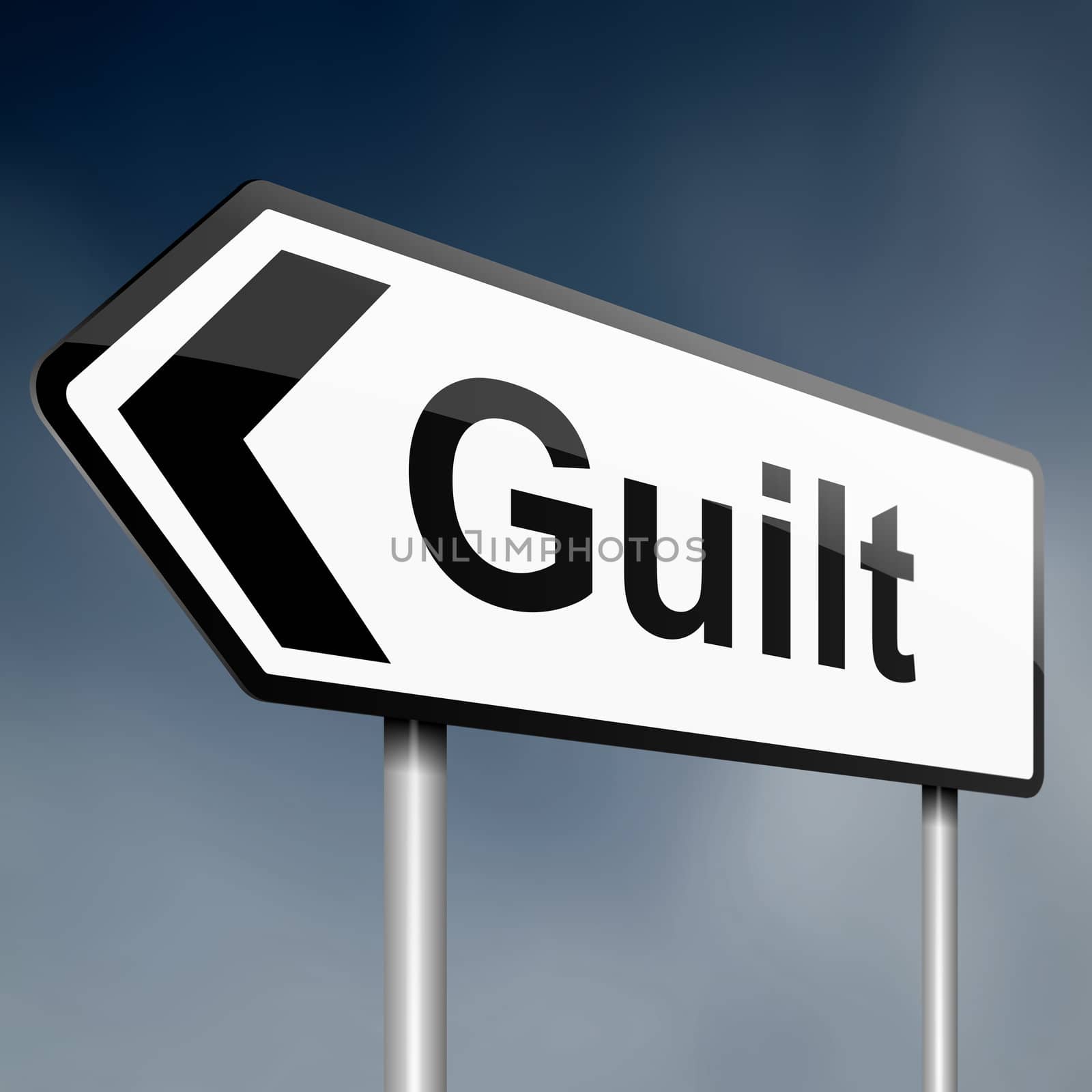 illustration depicting a sign post with directional arrow containing a guilt concept. Blurred background.