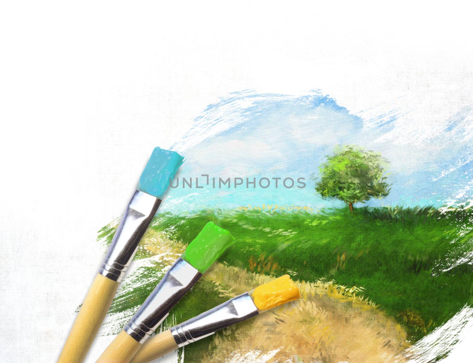 Artist brushes with a half finished painted canvas of rural landscape by Sandralise