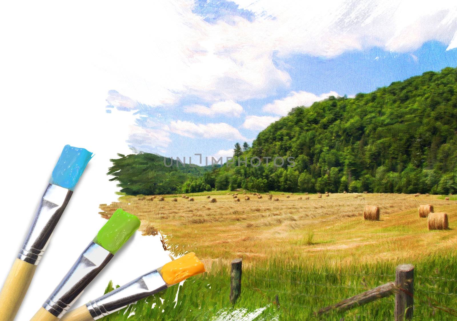Artist brushes with a half finished painted canvas of rural landscape canvas