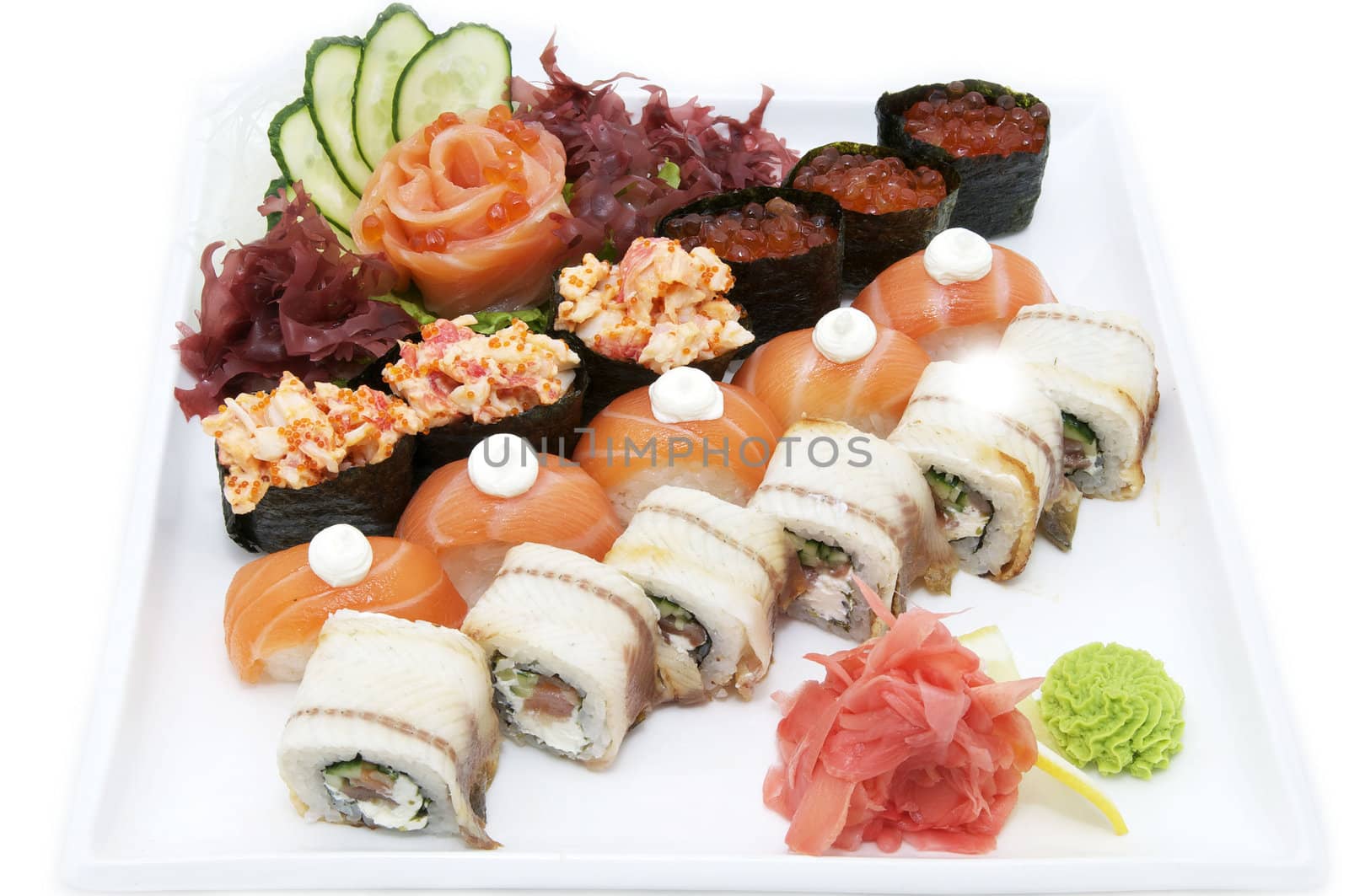 Japanese sushi fish and seafood on white background