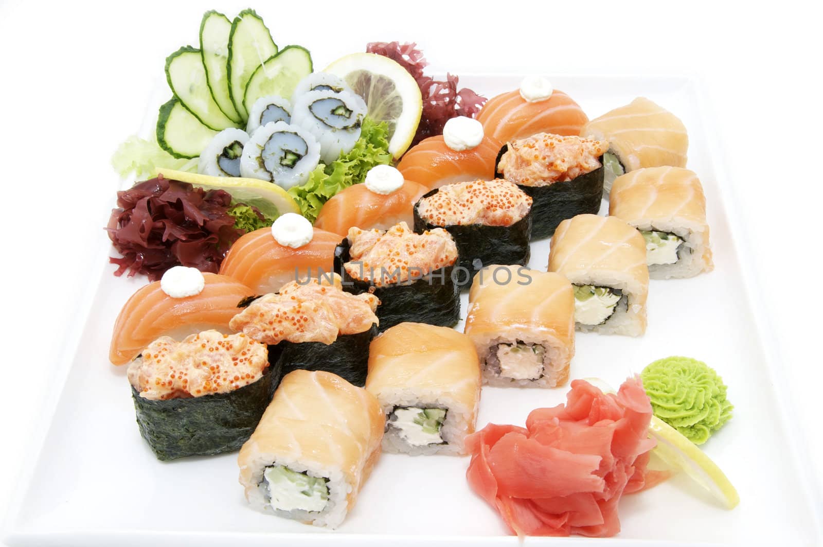 Japanese sushi fish and seafood on white background