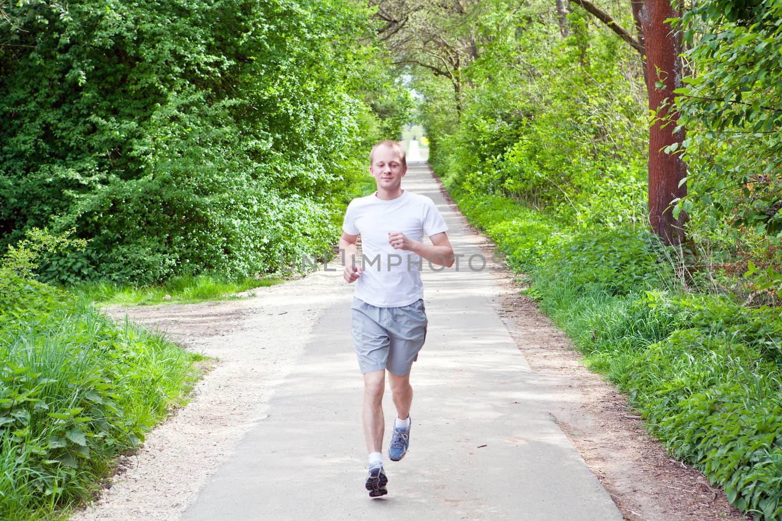 man is jogging in the forest