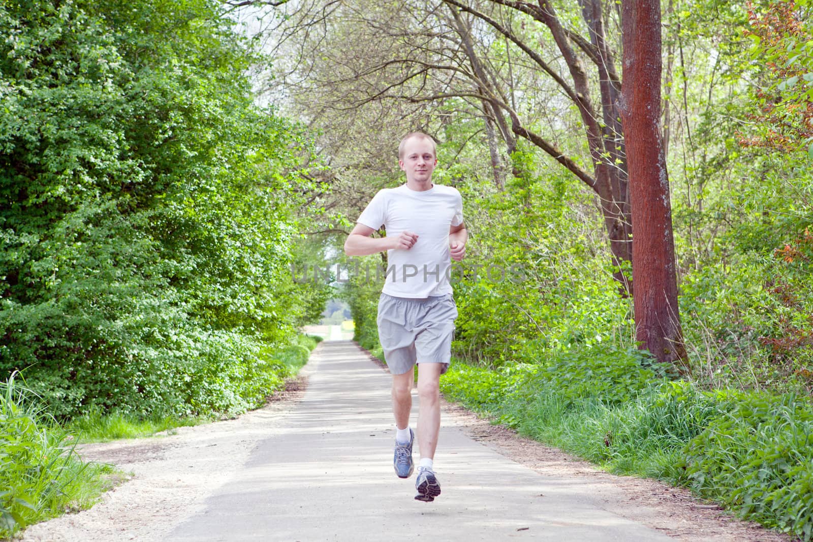 man is jogging in the forest by juniart