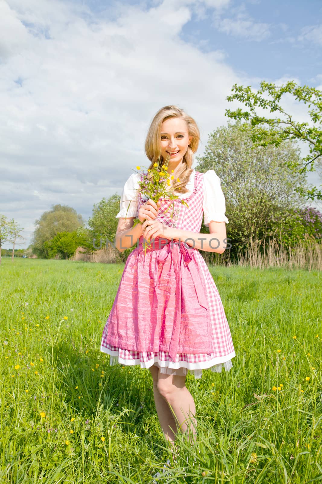 young woman with pink dirndl outdoor in summer