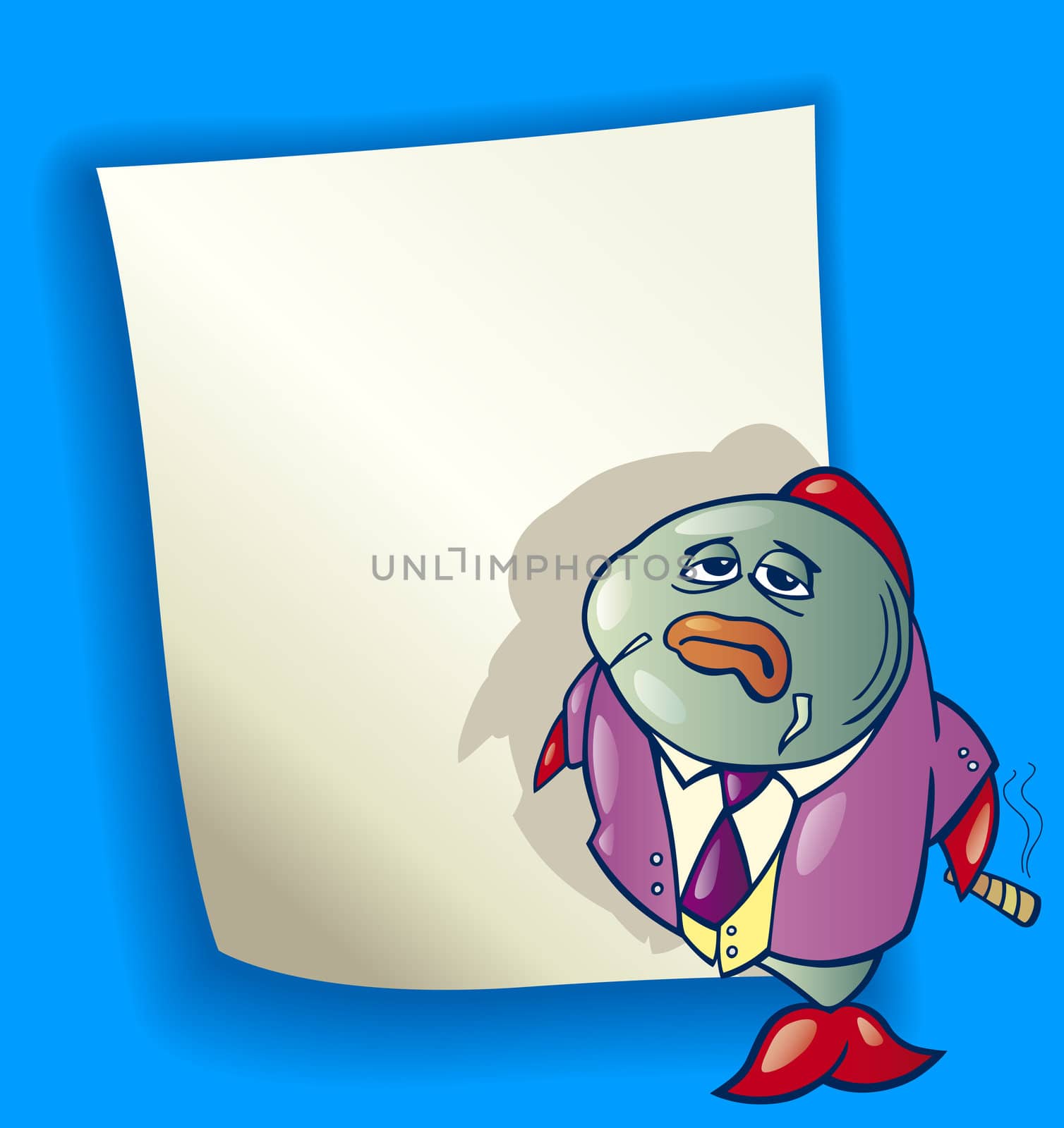 cartoon design illustration with blank page and big fish businessman