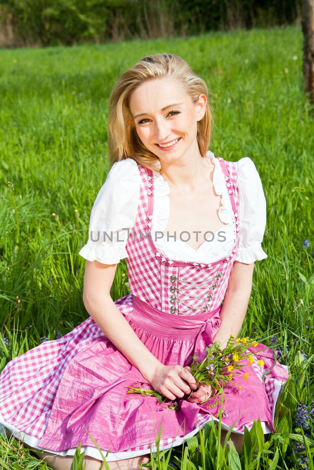 young woman with pink dirndl outdoor in summer