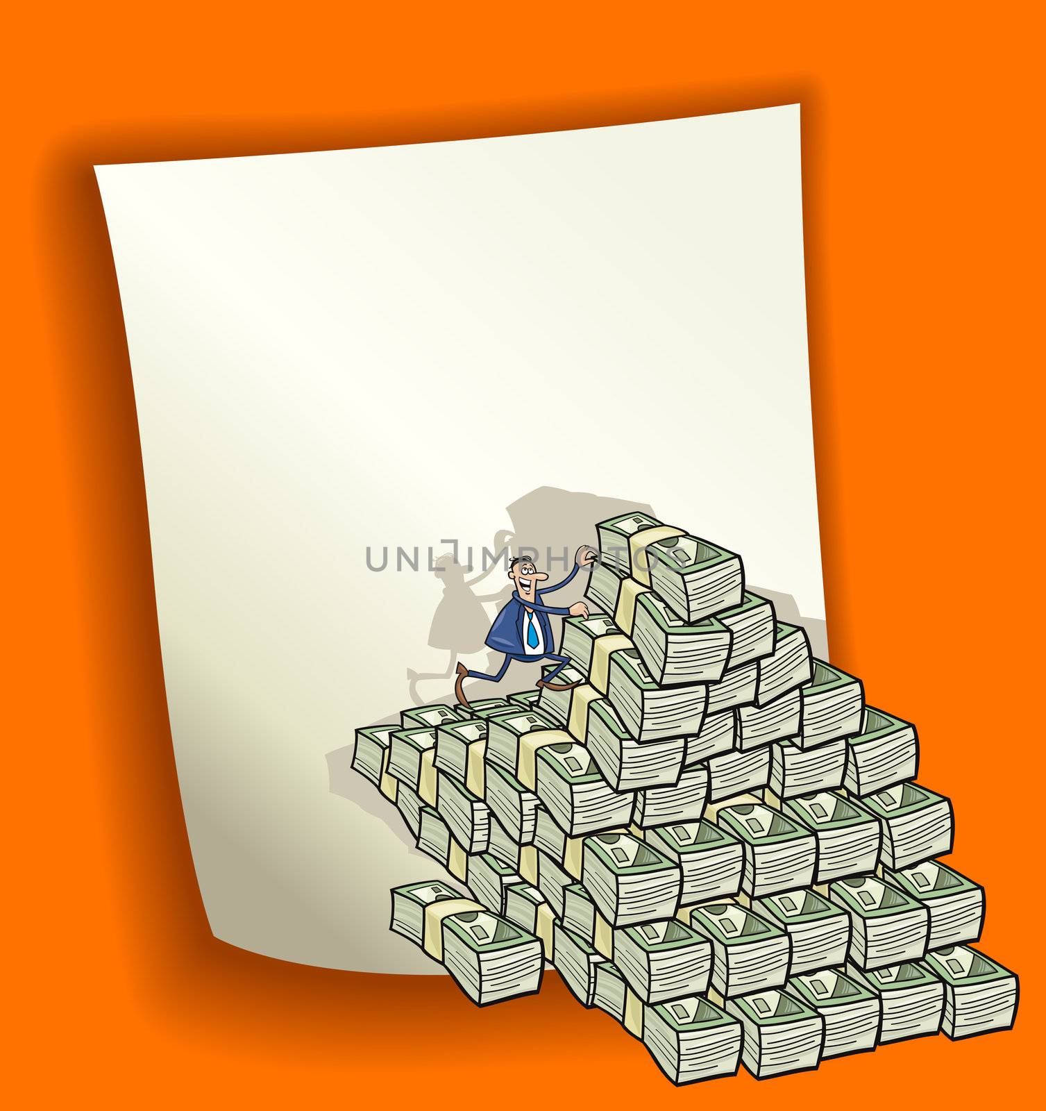 cartoon design illustration with blank page and businessman climbing on heap of money