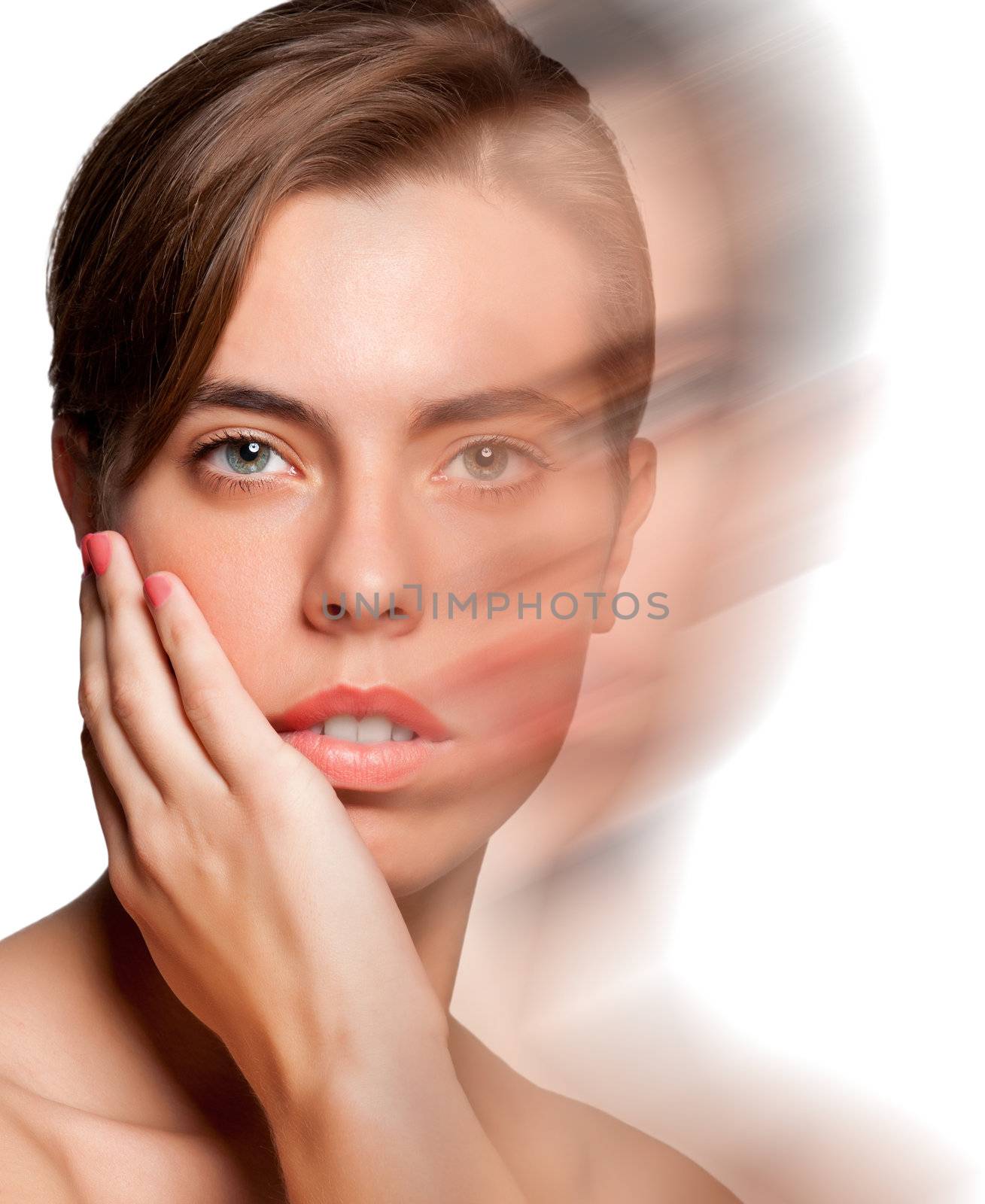 Portrait of young woman isolated on white background with a motion effect applied