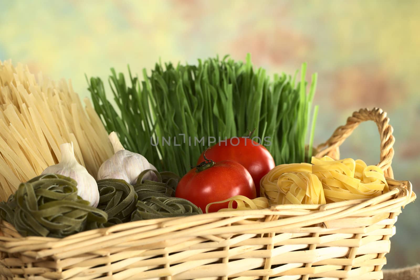 Raw green and yellow tagliatelle paglia e fieno (straw and hay) with raw tomatoes and garlic bulbs (Selective Focus, Focus on the front of the yellow tagliatelle, the first tomato and the front of the garlic bulb in the back) 