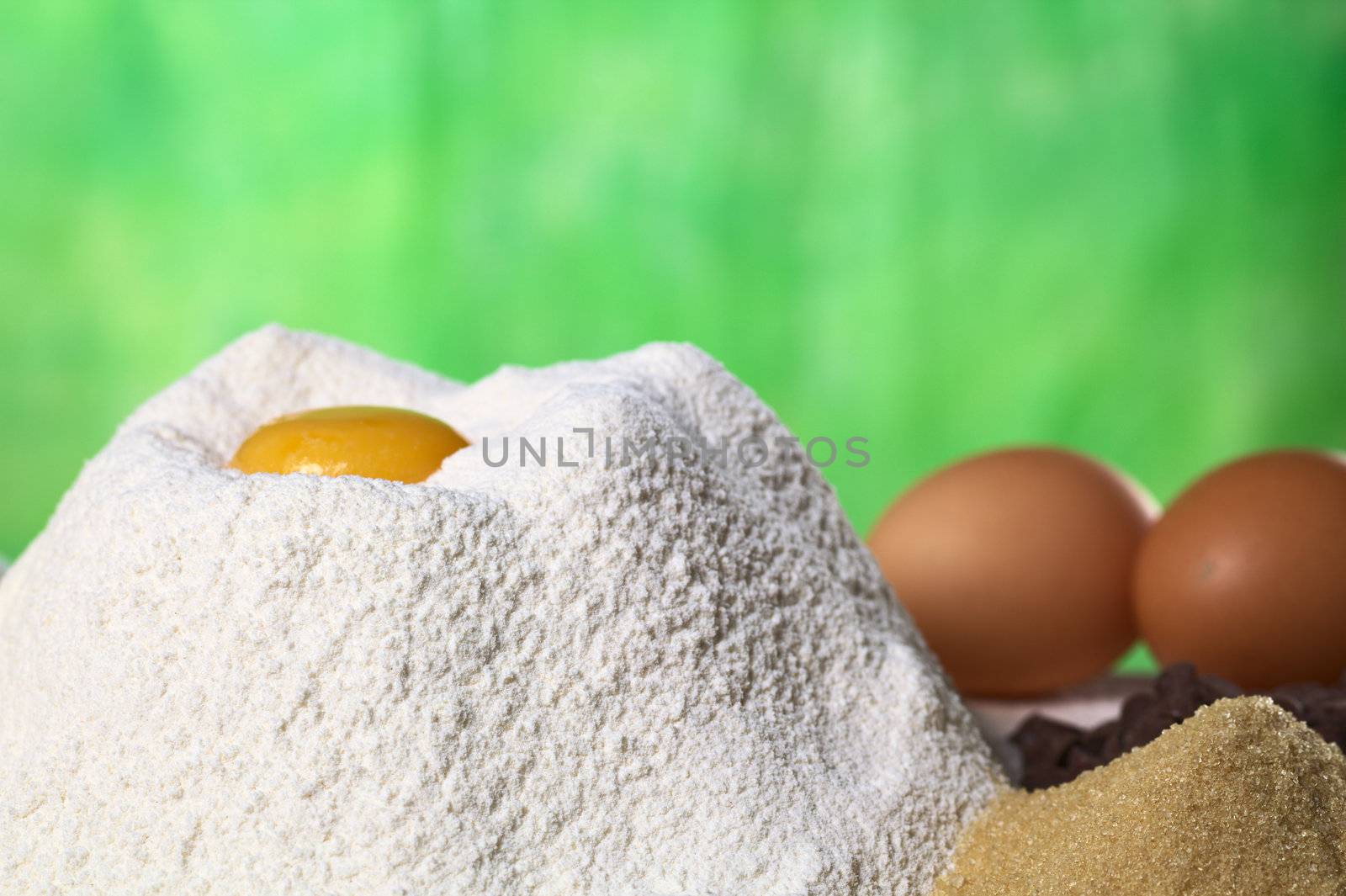 Flour with egg yolk in the middle surrounded by brown sugar, chocolate chips and eggs (Selective Focus, Focus on the front of the flour pile)