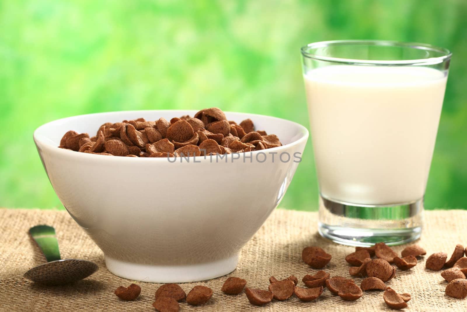 Chocolate wheat flake cereal in white bowl with a glass of milk (Selective Focus, Focus one third into the bowl of cereals)