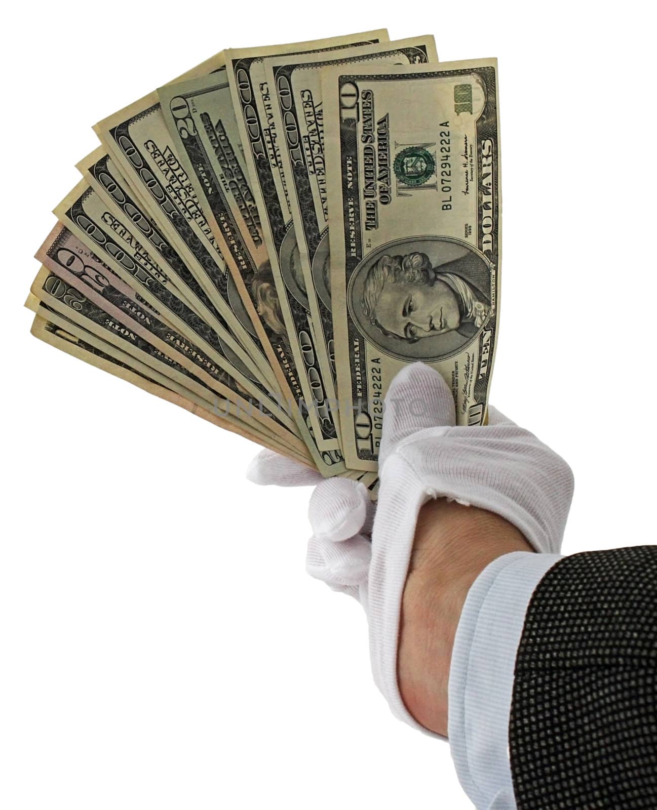 hand in white gloves holding money