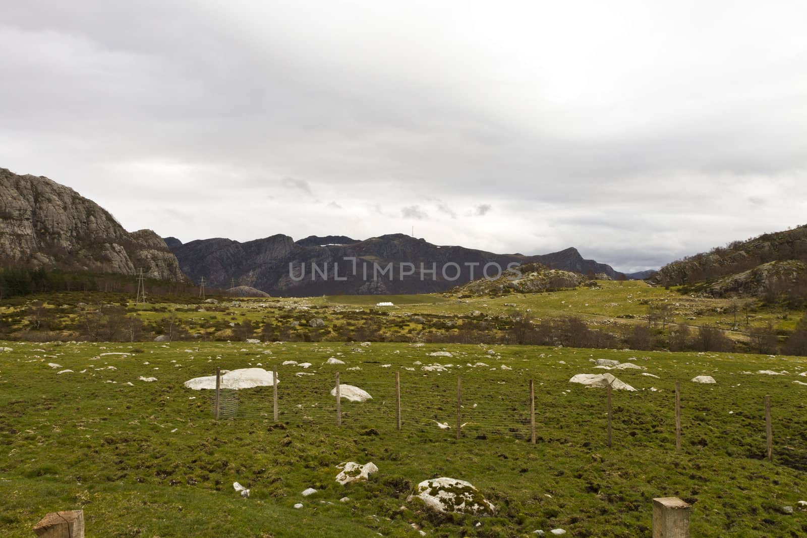 rural grasslands in norway with mountains in background