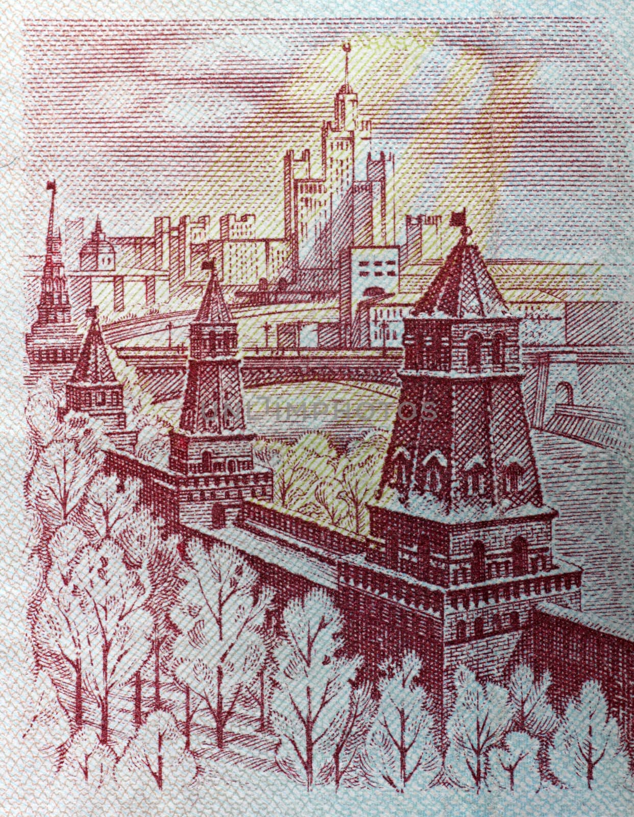 close up of the Kremlin on five thousand roubles banknote