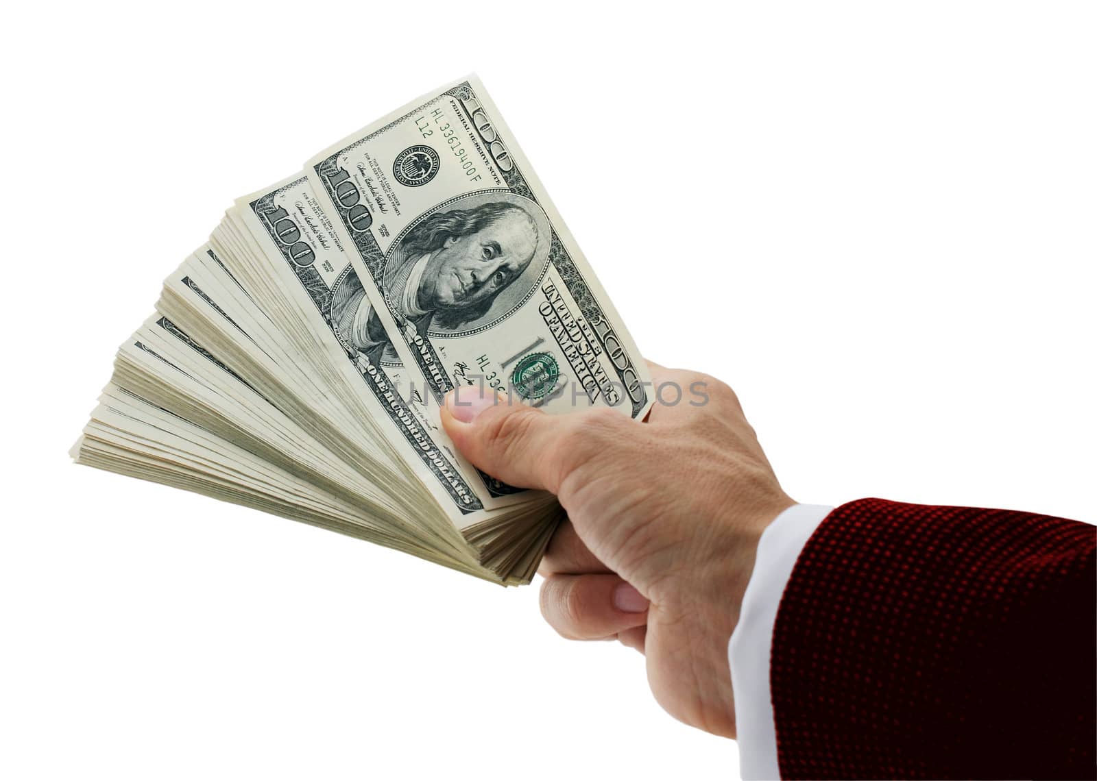 hand of businessman holding fan-shaped dollars
