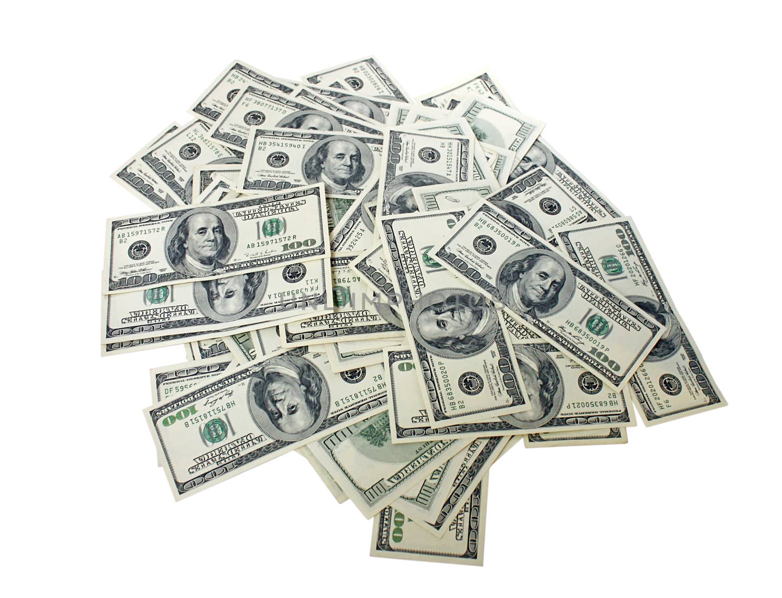heap of banknotes (100 dollars) over white background