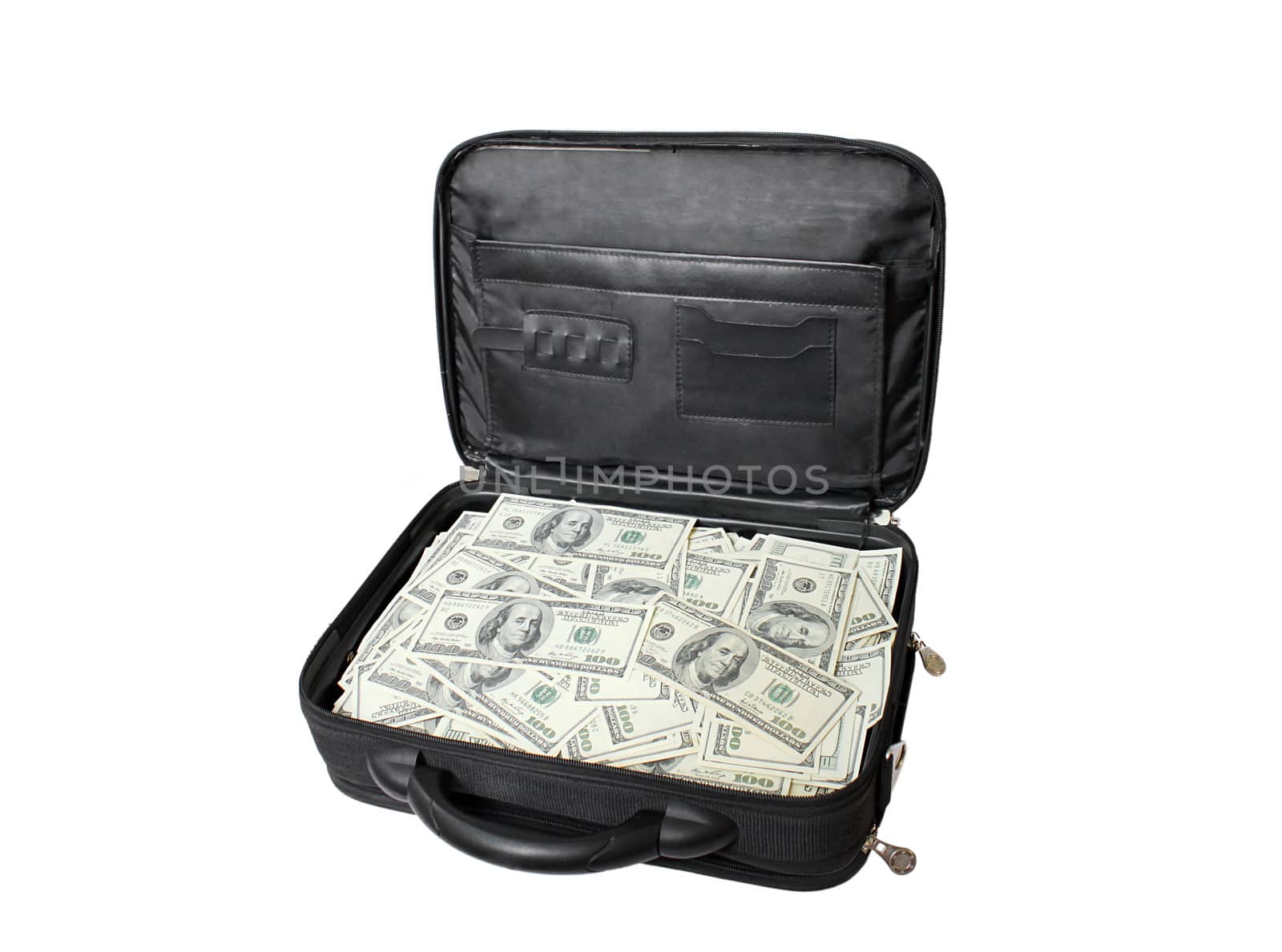 case with cash (100 dollars banknotes) isolated on white