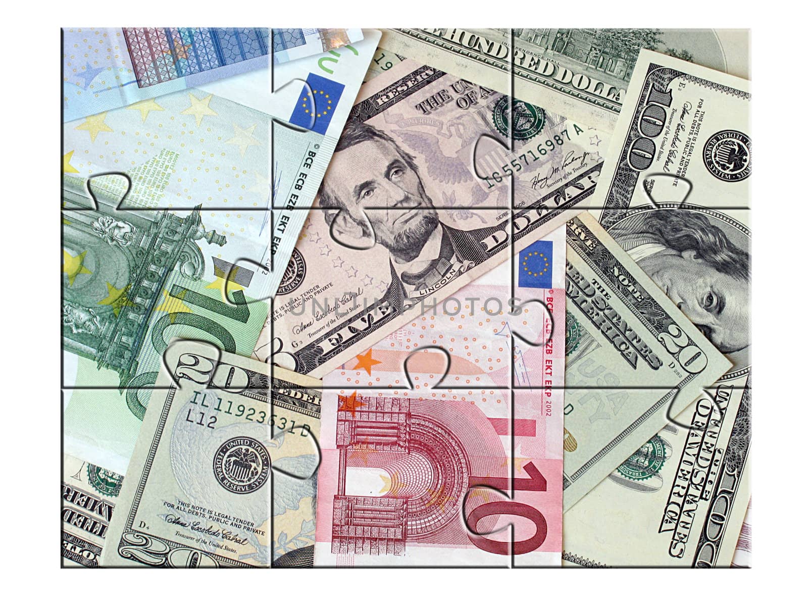 jigsaw puzzle Money (euro, usd) over white