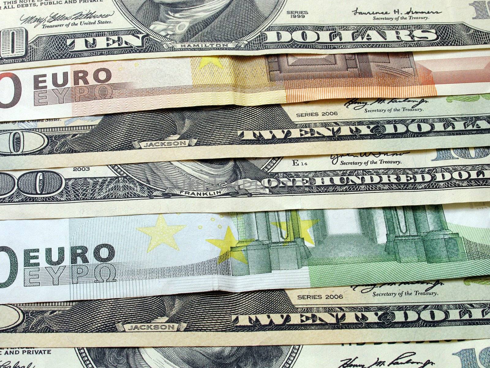 close up of euro and usd banknotes