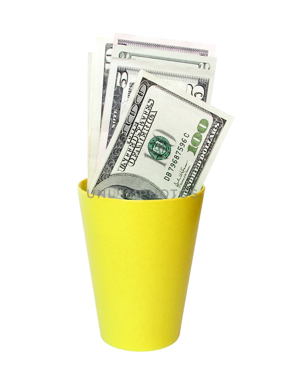 cash in a yellow plastic cup