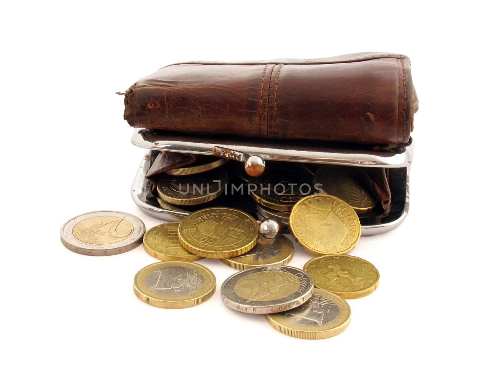 purse with euro coins isolated on white
