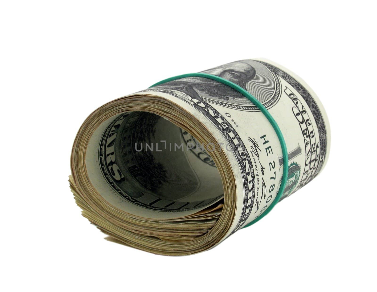 roll of one hundred dollars banknotes over white