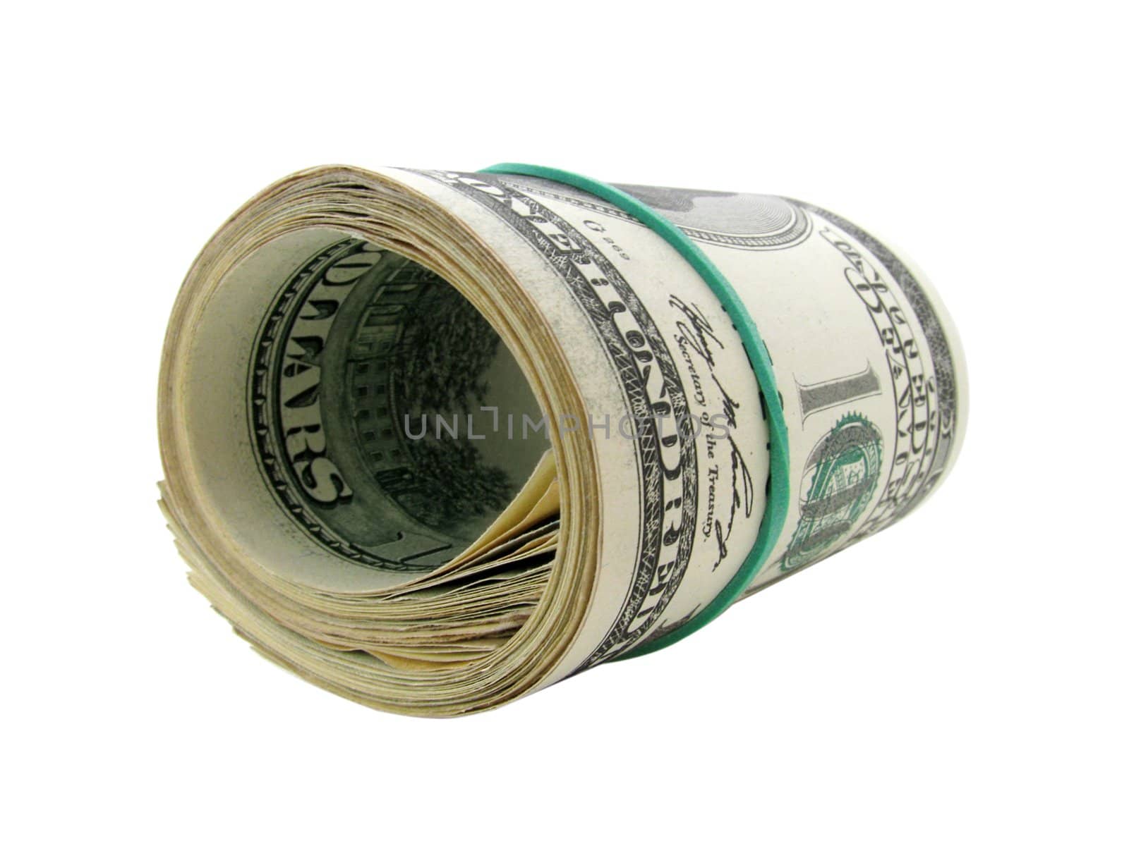 roll of one hundred dollars banknotes over white