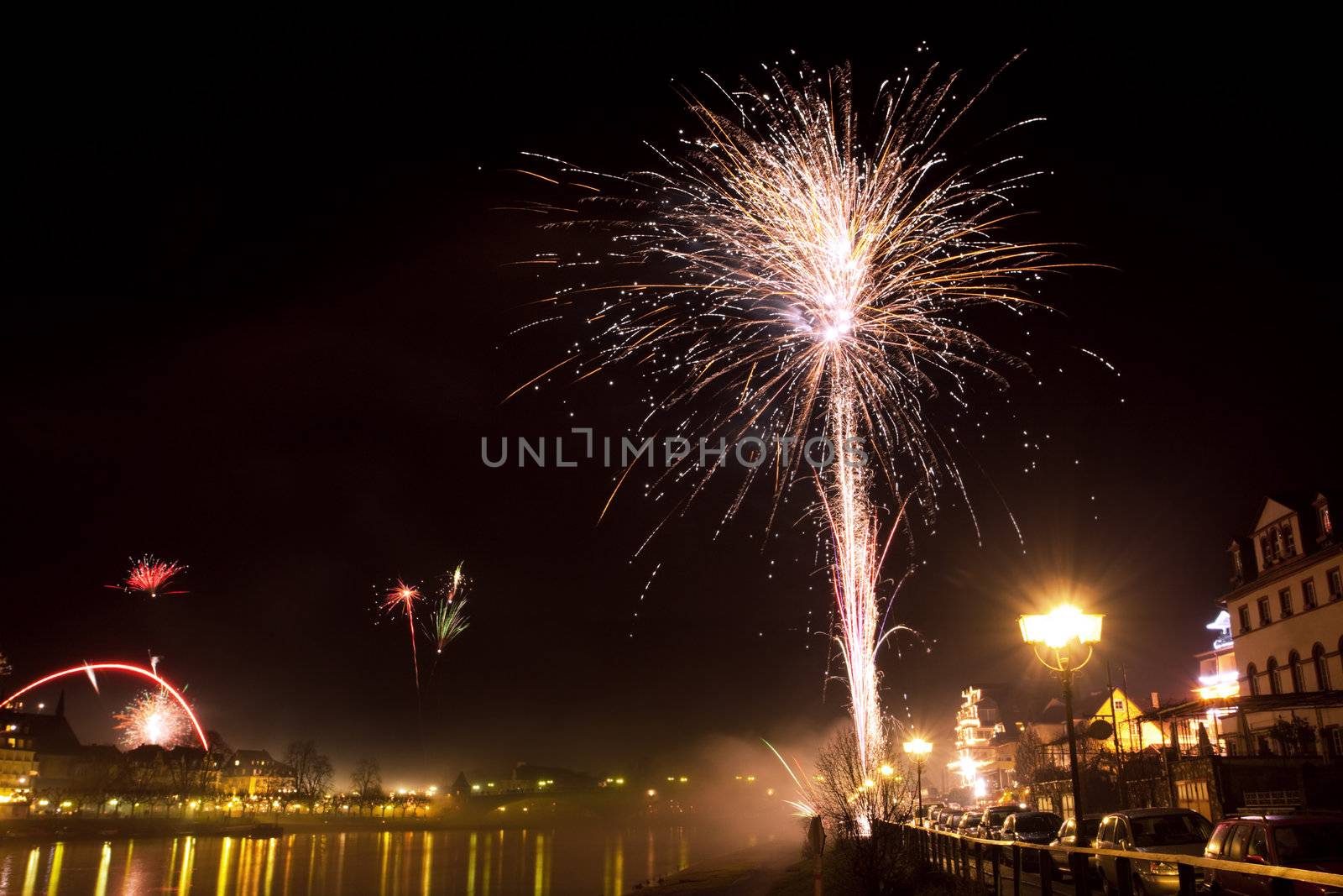 new year fireworks in Cochem, Germany in front of the river