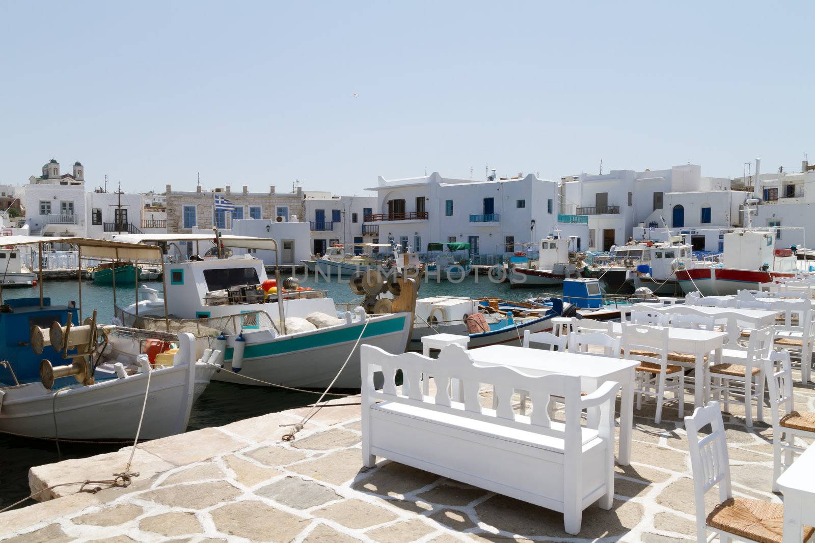 View of the port of Naoussa on the island of Paros, Greece
