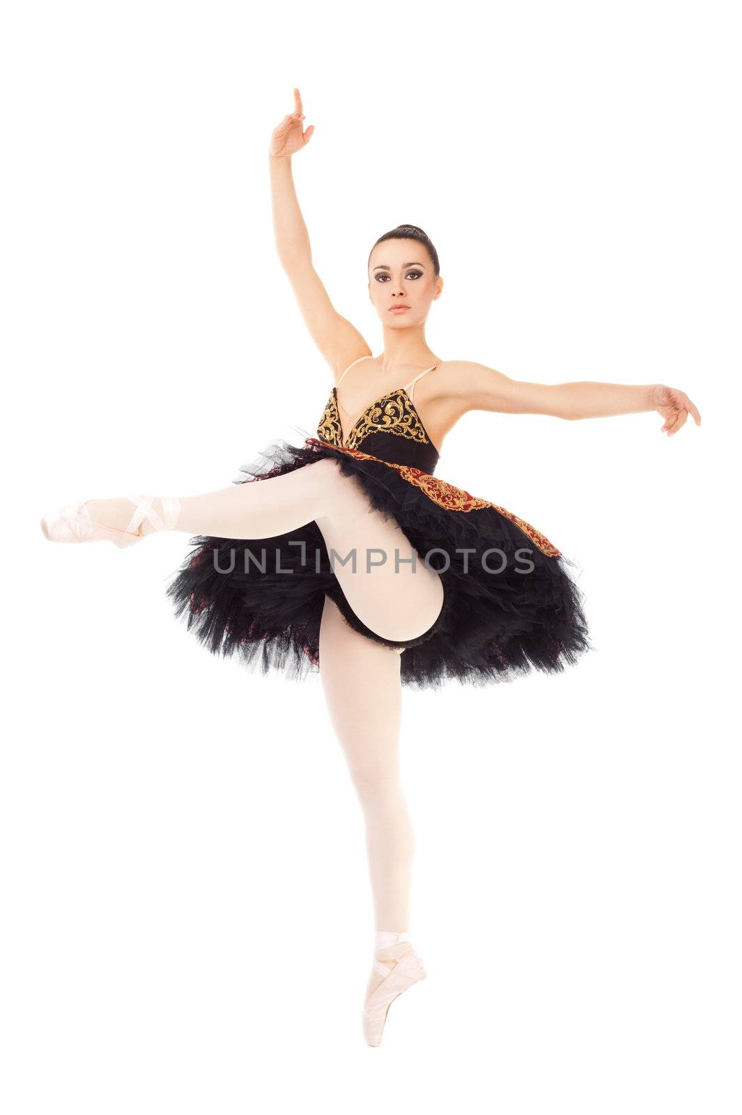 Beautiful female dancer performing on white background