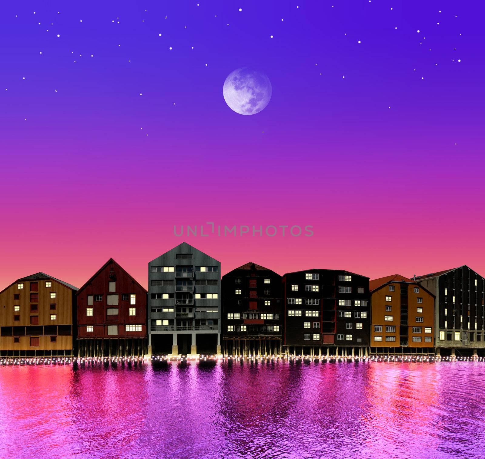 silhouette of fairytale town on night sky in the bright of the moon