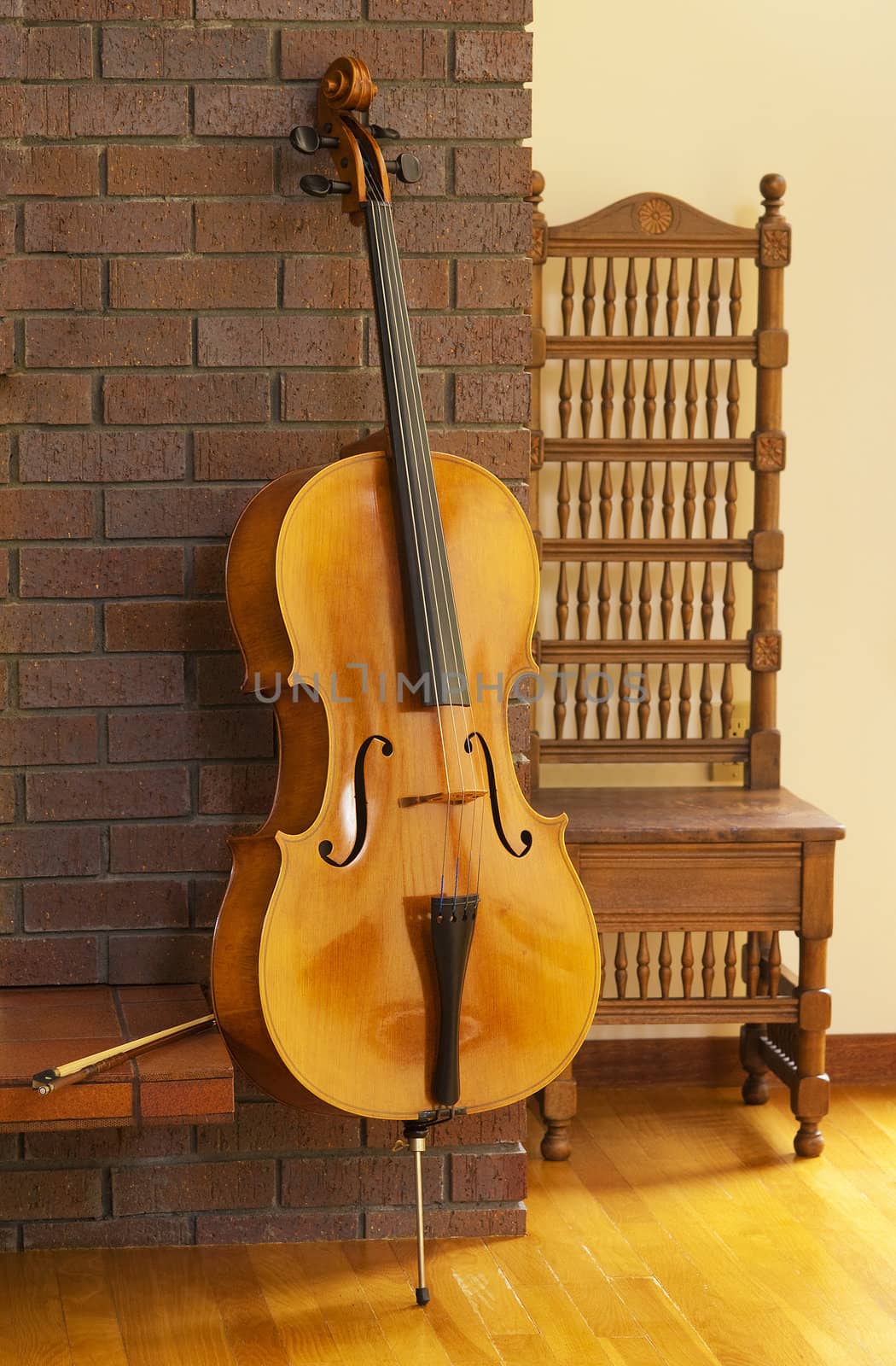 Cello or violoncello resting on fireplace